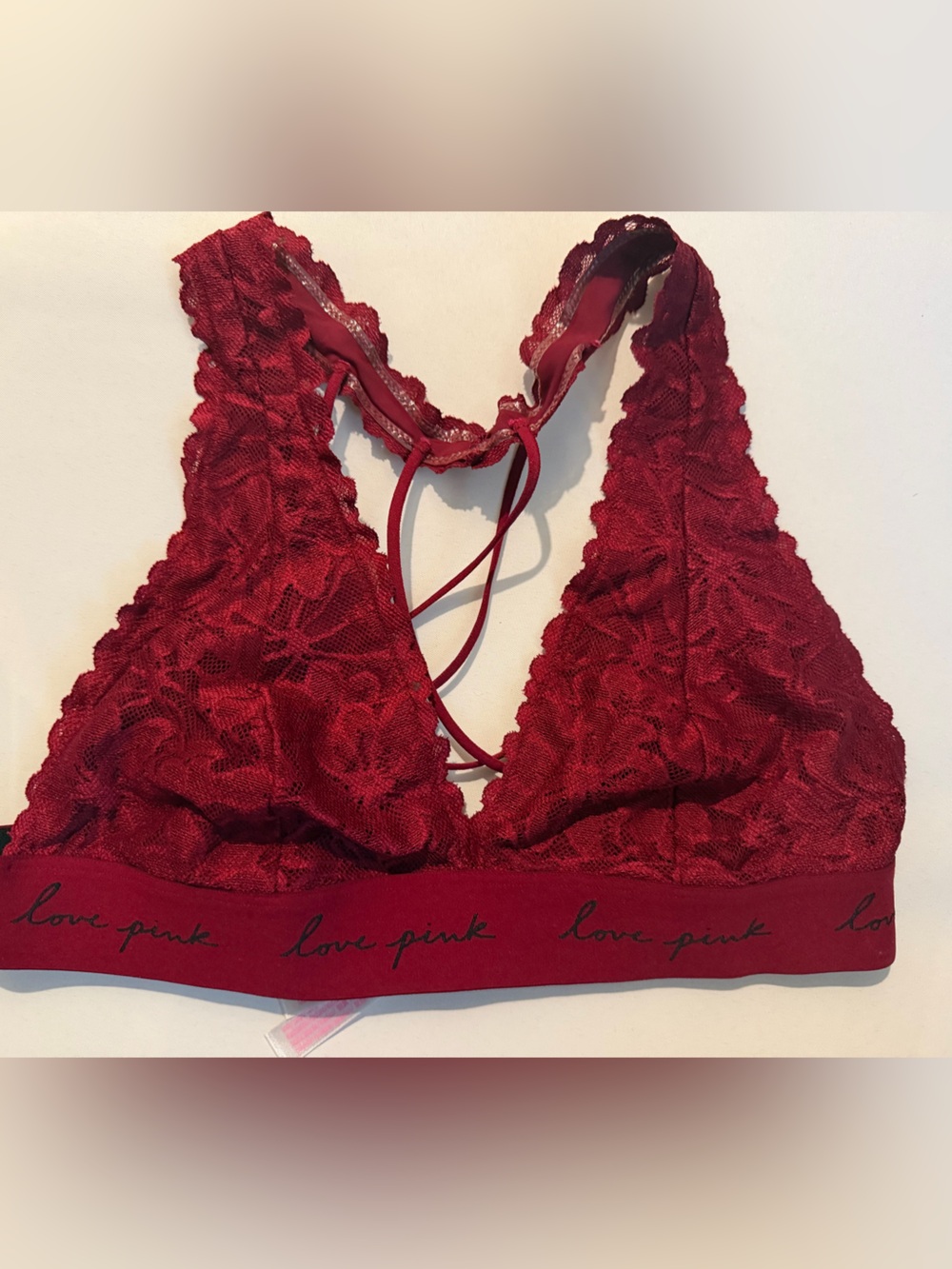 PINK Red Floral Lace Bralette Wireless Sheer Crossback Hook & Eye Size M